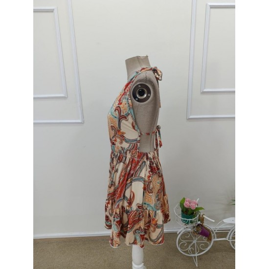 Kadın Askılı Derin Göğüs Dekolte Detaylı Arkadan Bağcıklı Desenli Süprem Kısa Elbise , 32443