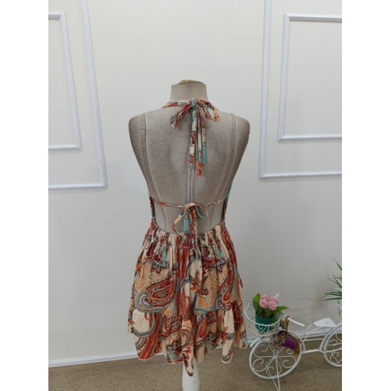 Kadın Askılı Derin Göğüs Dekolte Detaylı Arkadan Bağcıklı Desenli Süprem Kısa Elbise , 32443