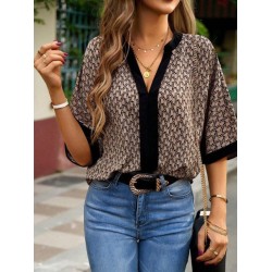 Kadın Kısa Kollu önden şerit Detaylı Desenli Sandy Bluz, 32456