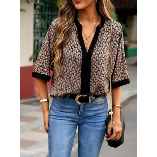 Kadın Kısa Kollu önden şerit Detaylı Desenli Sandy Bluz, 32456