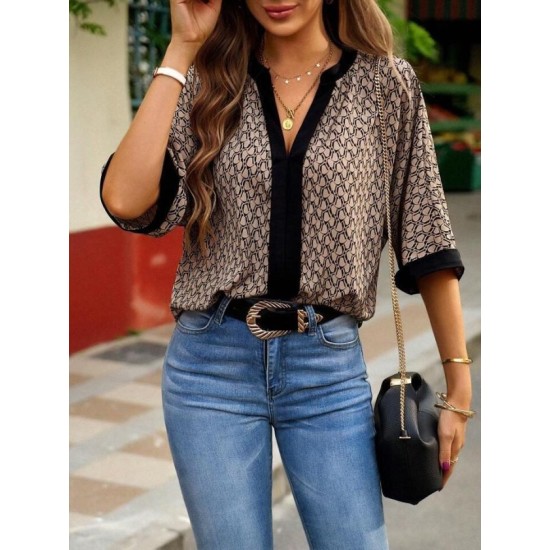 Kadın Kısa Kollu önden şerit Detaylı Desenli Sandy Bluz, 32456