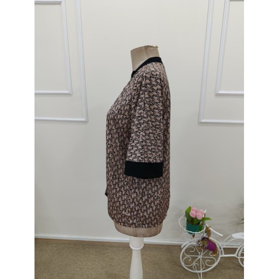 Kadın Kısa Kollu önden şerit Detaylı Desenli Sandy Bluz, 32456