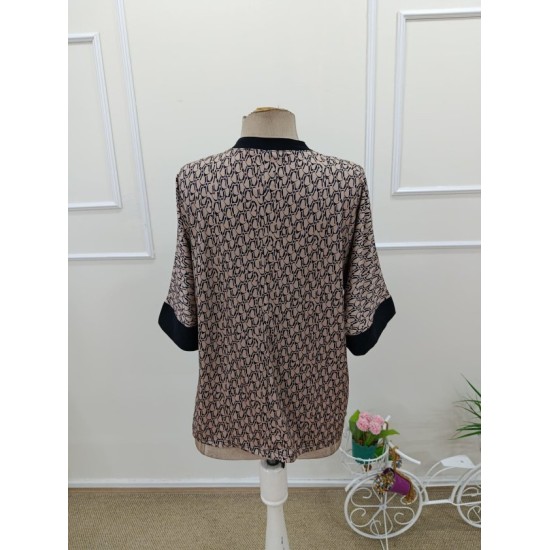 Kadın Kısa Kollu önden şerit Detaylı Desenli Sandy Bluz, 32456