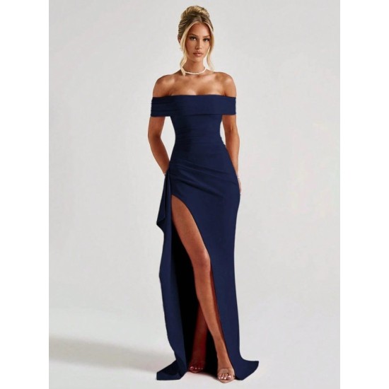 Kadın Madonna Yaka Pileli Derin Yırtmaçlı Uzun Ithal Krep Elbise , 32460