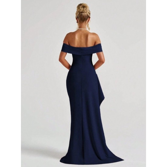 Kadın Madonna Yaka Pileli Derin Yırtmaçlı Uzun Ithal Krep Elbise , 32460