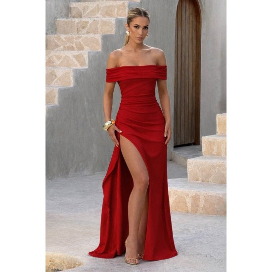 Kadın Madonna Yaka Pileli Derin Yırtmaçlı Uzun Ithal Krep Elbise , 32459