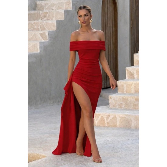 Kadın Madonna Yaka Pileli Derin Yırtmaçlı Uzun Ithal Krep Elbise , 32459