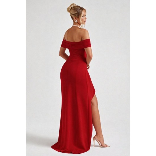 Kadın Madonna Yaka Pileli Derin Yırtmaçlı Uzun Ithal Krep Elbise , 32459