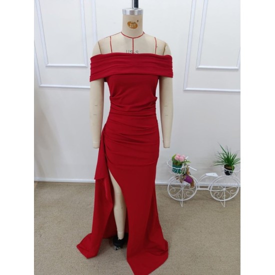 Kadın Madonna Yaka Pileli Derin Yırtmaçlı Uzun Ithal Krep Elbise , 32459