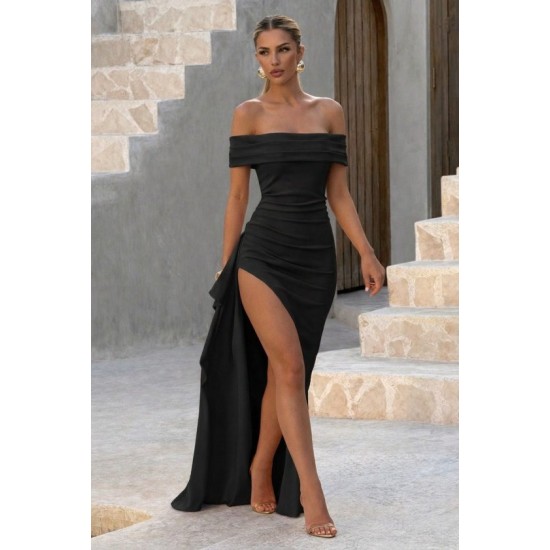 Kadın Madonna Yaka Pileli Derin Yırtmaçlı Uzun Ithal Krep Elbise , 32457