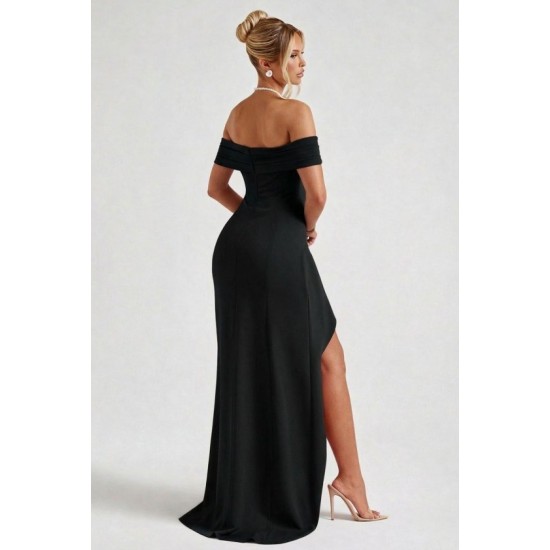 Kadın Madonna Yaka Pileli Derin Yırtmaçlı Uzun Ithal Krep Elbise , 32457