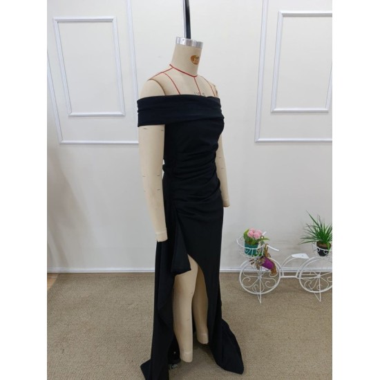 Kadın Madonna Yaka Pileli Derin Yırtmaçlı Uzun Ithal Krep Elbise , 32457