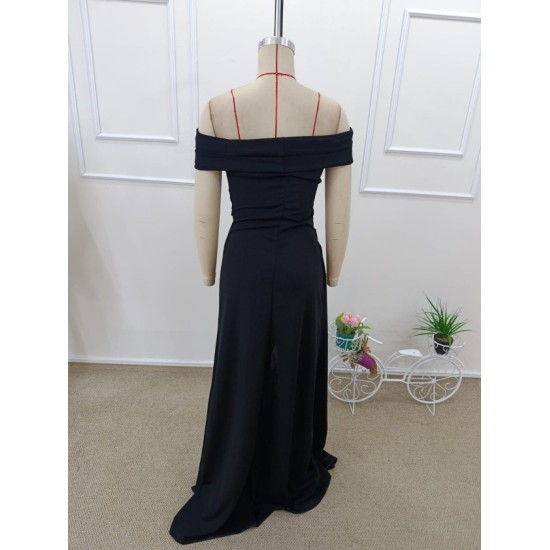 Kadın Madonna Yaka Pileli Derin Yırtmaçlı Uzun Ithal Krep Elbise , 32457