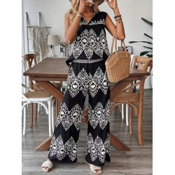 Kadın Askılı V Yakalı Desenli Bluz Ve Pantolon Süprem Ikili Takım , 32464