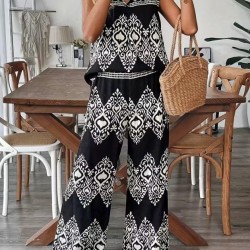 Kadın Askılı V Yakalı Desenli Bluz Ve Pantolon Süprem Ikili Takım , 32464