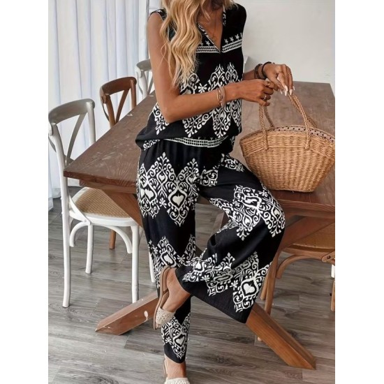 Kadın Askılı V Yakalı Desenli Bluz Ve Pantolon Süprem Ikili Takım , 32464