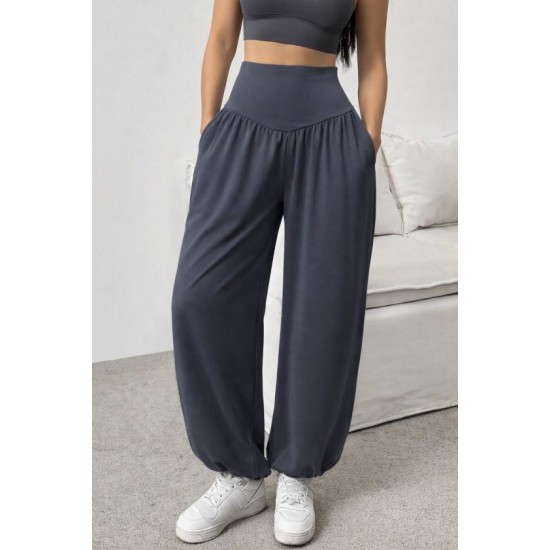 Kadın Yüksek Bel Büzgülü Cepli Geniş Kesim Viskon Iki Iplik Pantolon , 32472