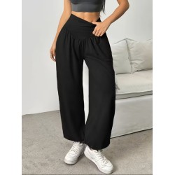 Kadın Yüksek Bel Büzgülü Cepli Geniş Kesim Viskon Iki Iplik Pantolon , 32470