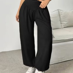 Kadın Yüksek Bel Büzgülü Cepli Geniş Kesim Viskon Iki Iplik Pantolon , 32470