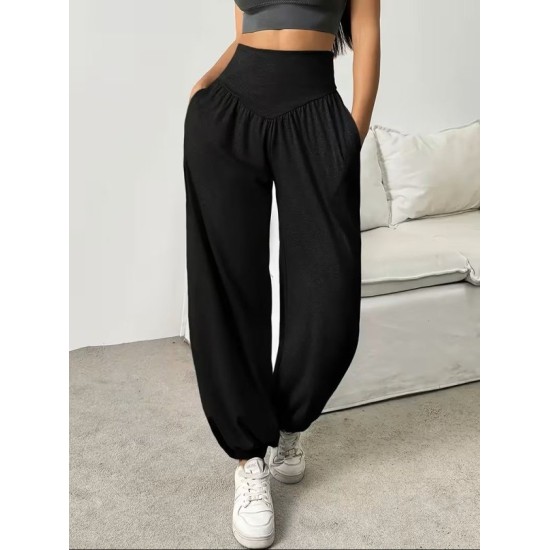 Kadın Yüksek Bel Büzgülü Cepli Geniş Kesim Viskon Iki Iplik Pantolon , 32470