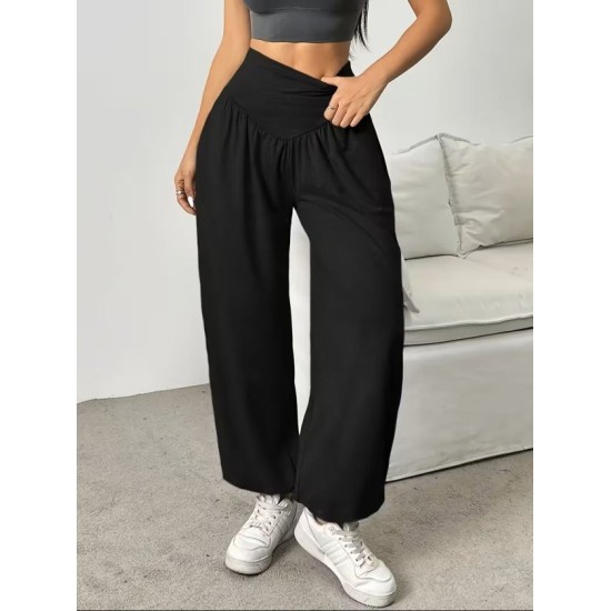 Kadın Yüksek Bel Büzgülü Cepli Geniş Kesim Viskon Iki Iplik Pantolon , 32470