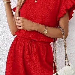 Kadın Kısa Kollu Bisiklet Yaka Bürümcük Bluz Ve Kısa Short Ikili Takım, 32469