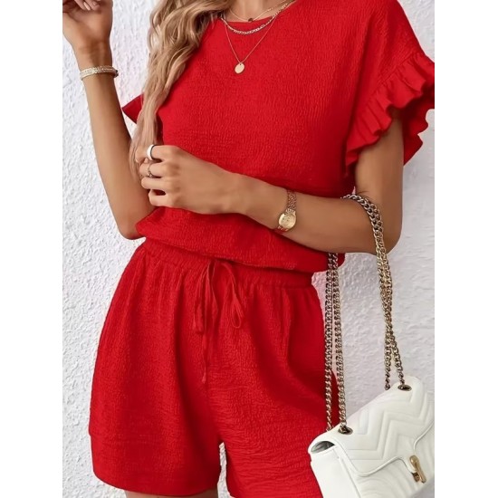 Kadın Kısa Kollu Bisiklet Yaka Bürümcük Bluz Ve Kısa Short Ikili Takım, 32469