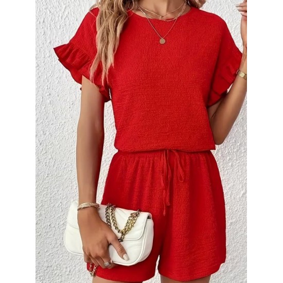 Kadın Kısa Kollu Bisiklet Yaka Bürümcük Bluz Ve Kısa Short Ikili Takım, 32469