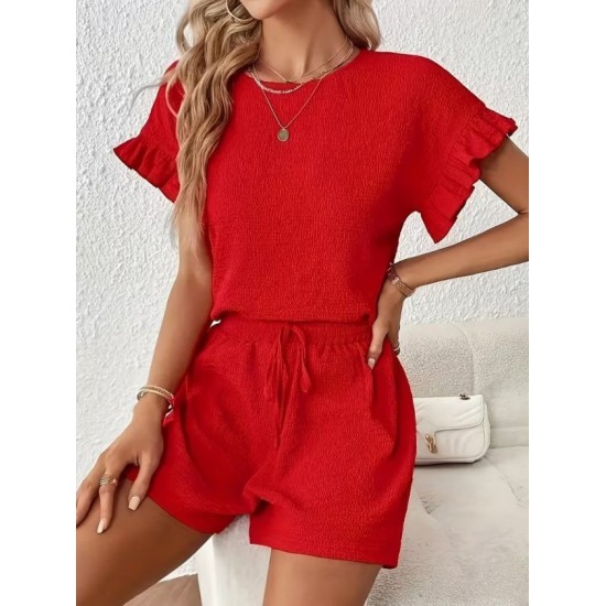 Kadın Kısa Kollu Bisiklet Yaka Bürümcük Bluz Ve Kısa Short Ikili Takım, 32469