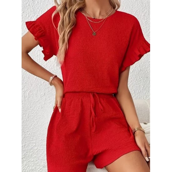 Kadın Kısa Kollu Bisiklet Yaka Bürümcük Bluz Ve Kısa Short Ikili Takım, 32469