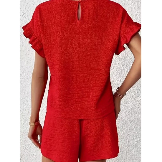 Kadın Kısa Kollu Bisiklet Yaka Bürümcük Bluz Ve Kısa Short Ikili Takım, 32469