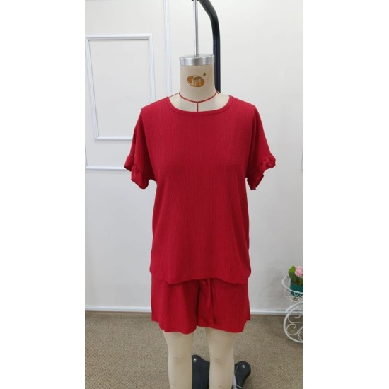 Kadın Kısa Kollu Bisiklet Yaka Bürümcük Bluz Ve Kısa Short Ikili Takım, 32469