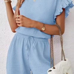 Kadın Kısa Kollu Bisiklet Yaka Bürümcük Bluz Ve Kısa Short Ikili Takım, 32468