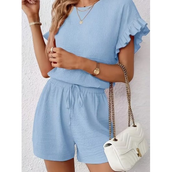 Kadın Kısa Kollu Bisiklet Yaka Bürümcük Bluz Ve Kısa Short Ikili Takım, 32468