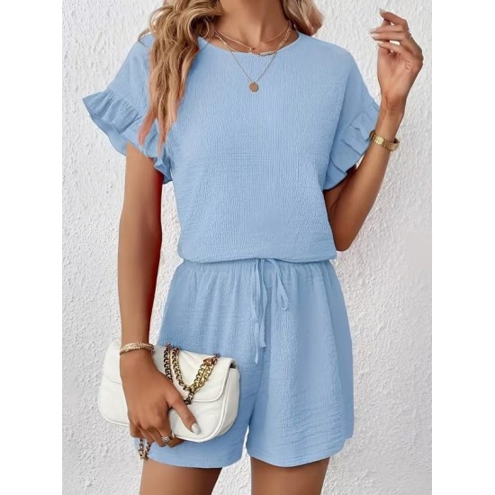 Kadın Kısa Kollu Bisiklet Yaka Bürümcük Bluz Ve Kısa Short Ikili Takım, 32468