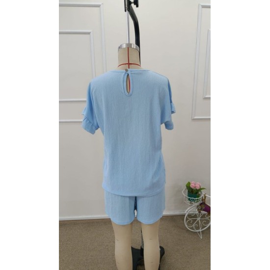 Kadın Kısa Kollu Bisiklet Yaka Bürümcük Bluz Ve Kısa Short Ikili Takım, 32468