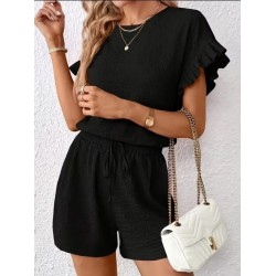 Kadın Kısa Kollu Bisiklet Yaka Bürümcük Bluz Ve Kısa Short Ikili Takım, 32466