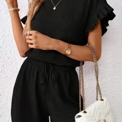 Kadın Kısa Kollu Bisiklet Yaka Bürümcük Bluz Ve Kısa Short Ikili Takım, 32466