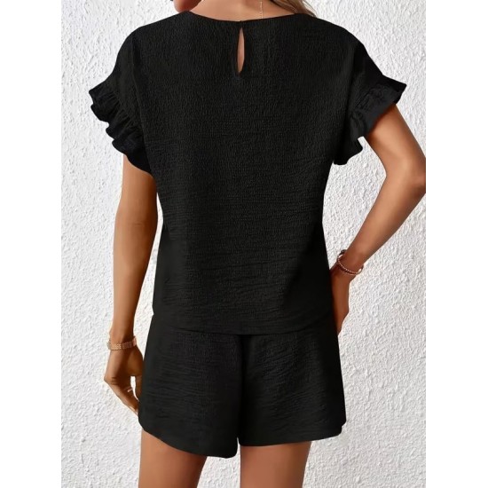 Kadın Kısa Kollu Bisiklet Yaka Bürümcük Bluz Ve Kısa Short Ikili Takım, 32466