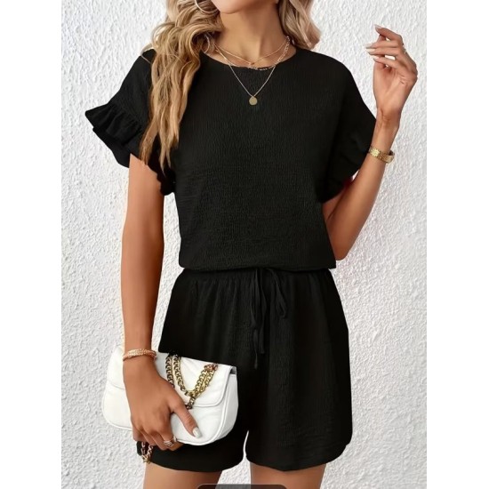 Kadın Kısa Kollu Bisiklet Yaka Bürümcük Bluz Ve Kısa Short Ikili Takım, 32466