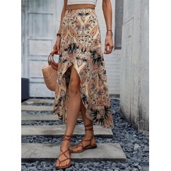 Kadın Yüksek Bel çiçek Desenli önü Asimetrik Detaylı Uzun Süprem Etek, 32465