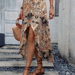 Kadın Yüksek Bel çiçek Desenli önü Asimetrik Detaylı Uzun Süprem Etek, 32465