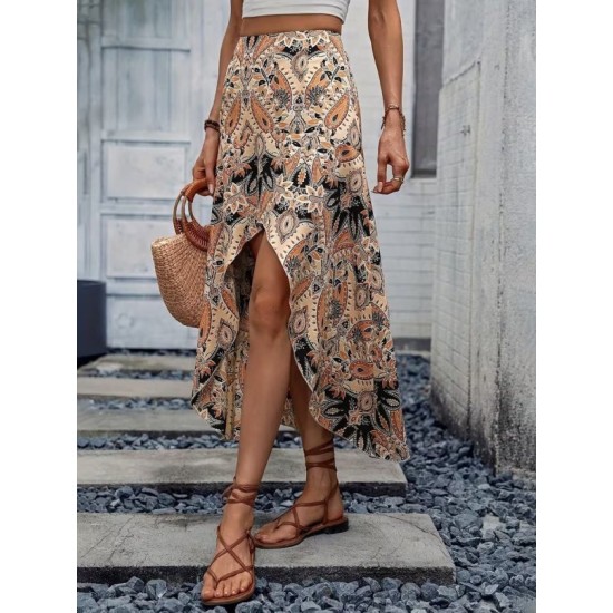 Kadın Yüksek Bel çiçek Desenli önü Asimetrik Detaylı Uzun Süprem Etek, 32465