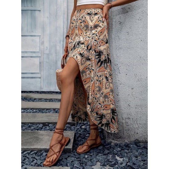 Kadın Yüksek Bel çiçek Desenli önü Asimetrik Detaylı Uzun Süprem Etek, 32465