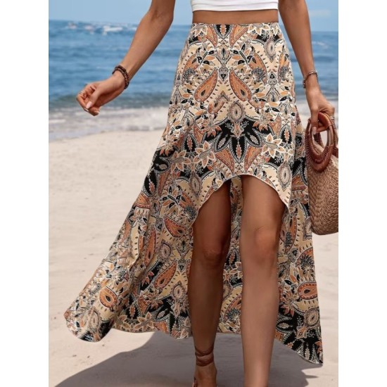 Kadın Yüksek Bel çiçek Desenli önü Asimetrik Detaylı Uzun Süprem Etek, 32465