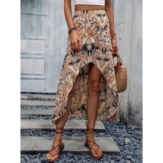 Kadın Yüksek Bel çiçek Desenli önü Asimetrik Detaylı Uzun Süprem Etek, 32465