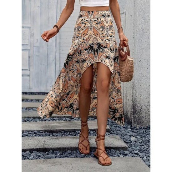 Kadın Yüksek Bel çiçek Desenli önü Asimetrik Detaylı Uzun Süprem Etek, 32465