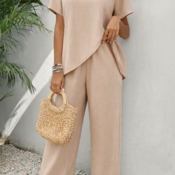 Kadın Kısa Kollu Bisiklet Yaka Asimetrik Kesim Detaylı Bürümcük Bluz Ve Pantolon Ikili Takım , 32505