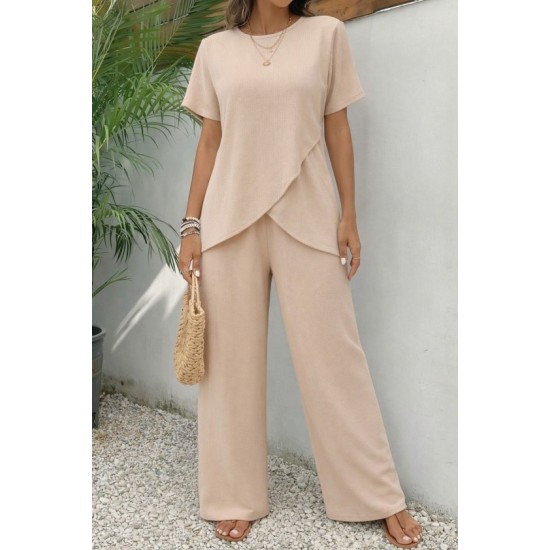 Kadın Kısa Kollu Bisiklet Yaka Asimetrik Kesim Detaylı Bürümcük Bluz Ve Pantolon Ikili Takım , 32505