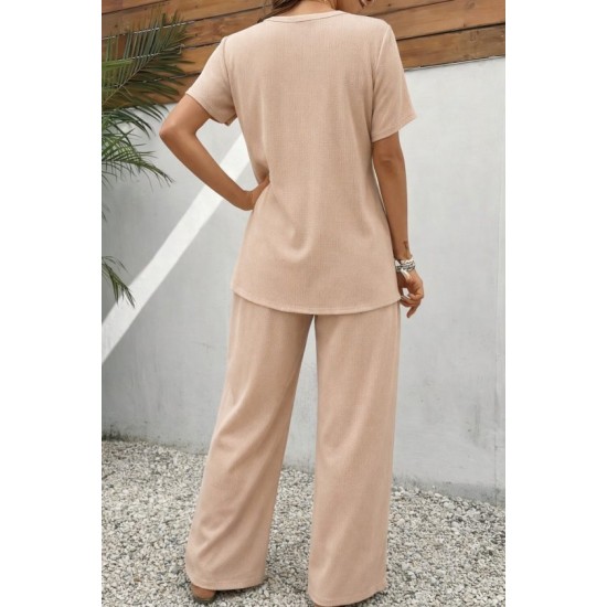 Kadın Kısa Kollu Bisiklet Yaka Asimetrik Kesim Detaylı Bürümcük Bluz Ve Pantolon Ikili Takım , 32505